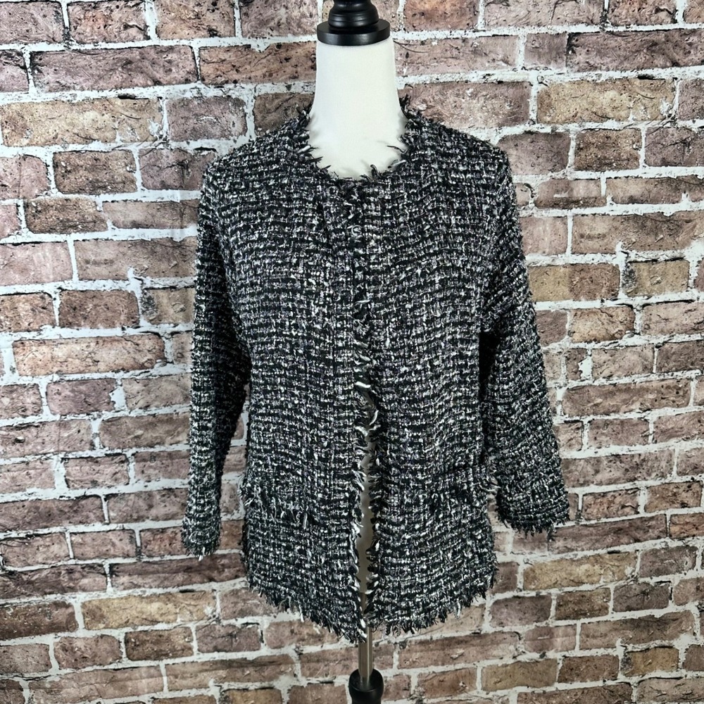 Signature Collection Black White Tweed Fringe Collarless Blazer Jacket L 12 14‎